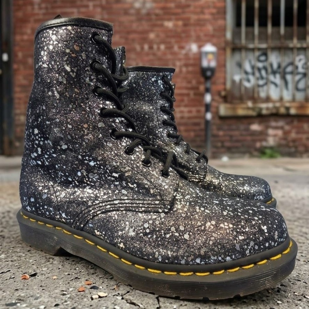 Dr. Martens 1460 Pascal Metallic Silver Paint Splatter Black Leather Boots 10L